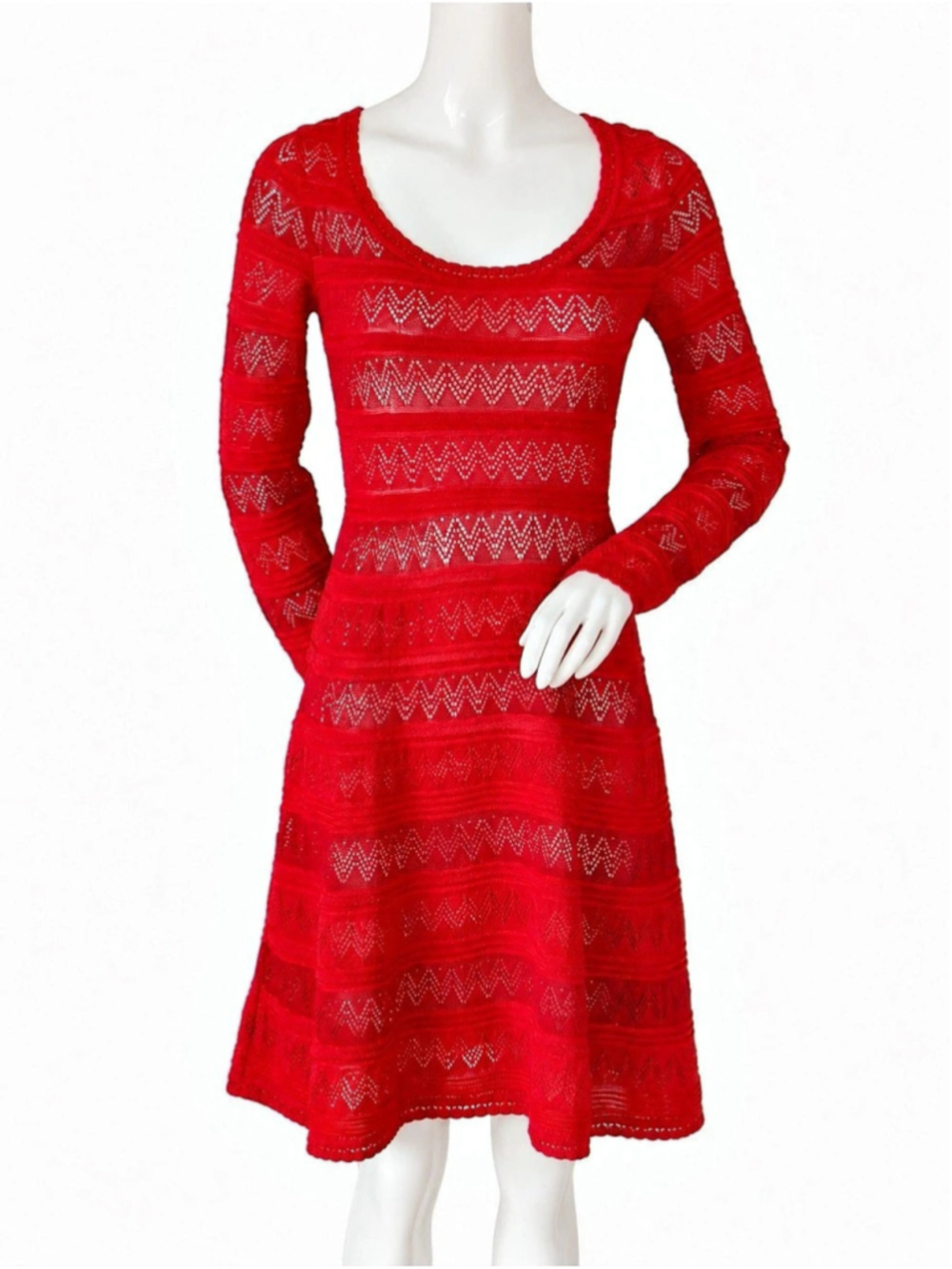 M Missoni Red Open Knit Fit & Flare Dress Long Sleeve
